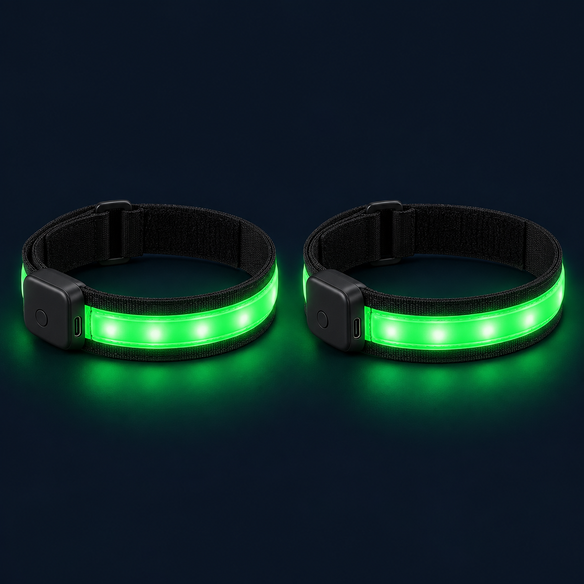 Two Volley Glow LED armbands glowing green